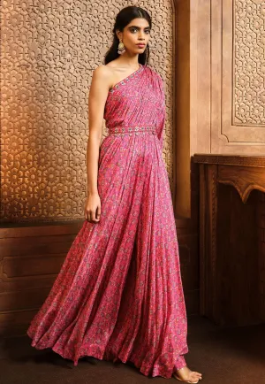 Pink persian one shoulder jumpsuit and belt