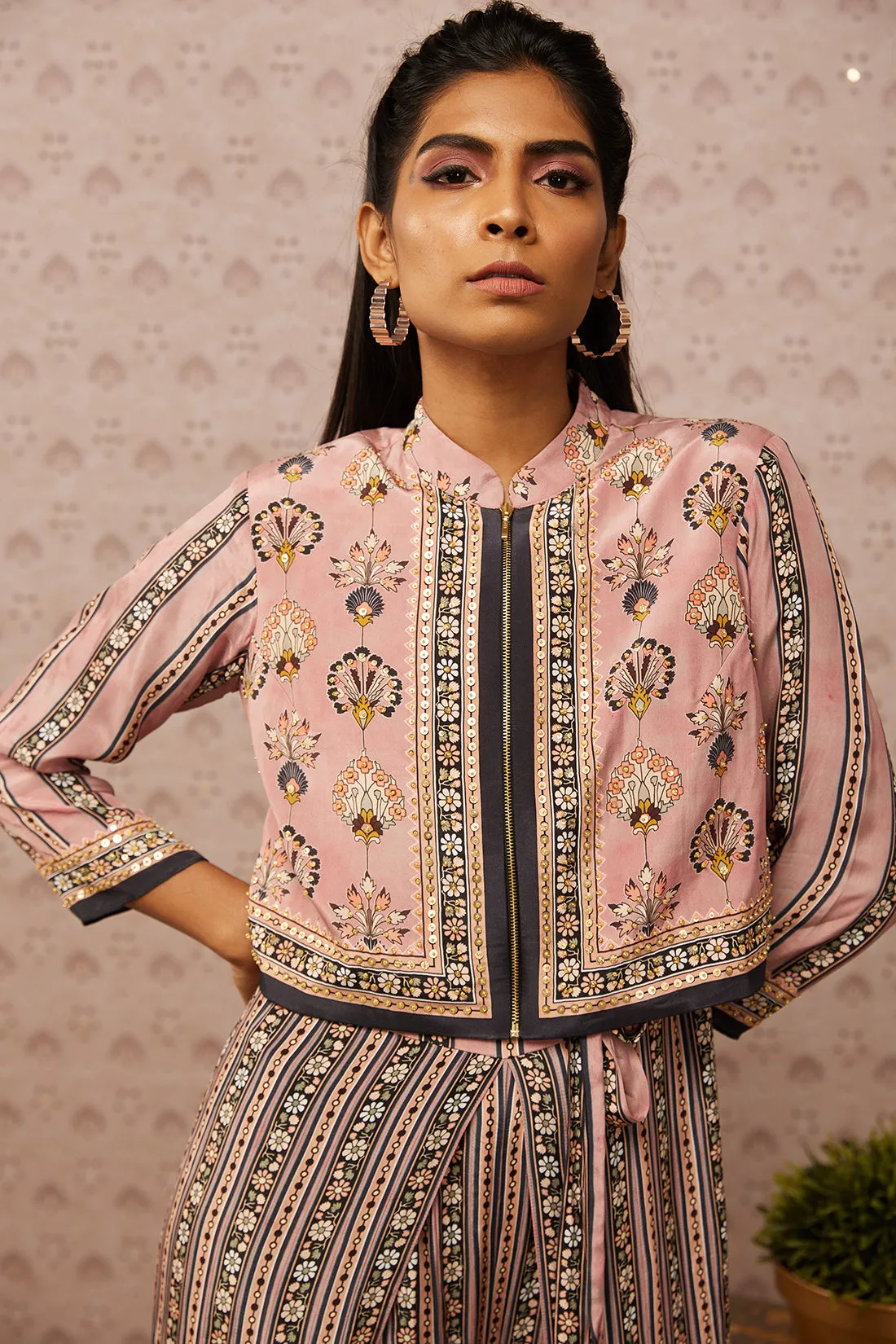 Pink Sarouk Printed Jumpsuit With Jacket