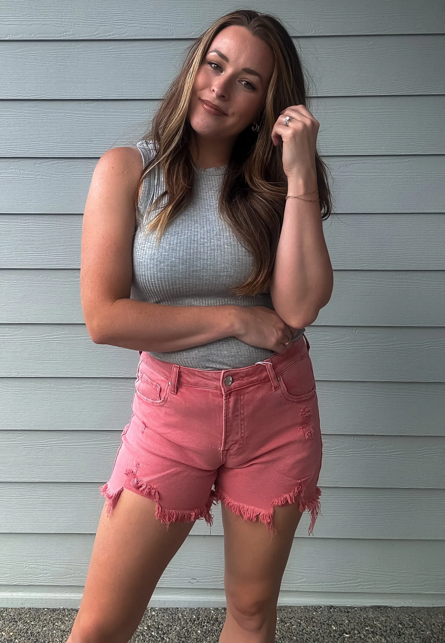 Pink Stretch Destroyed Shorts