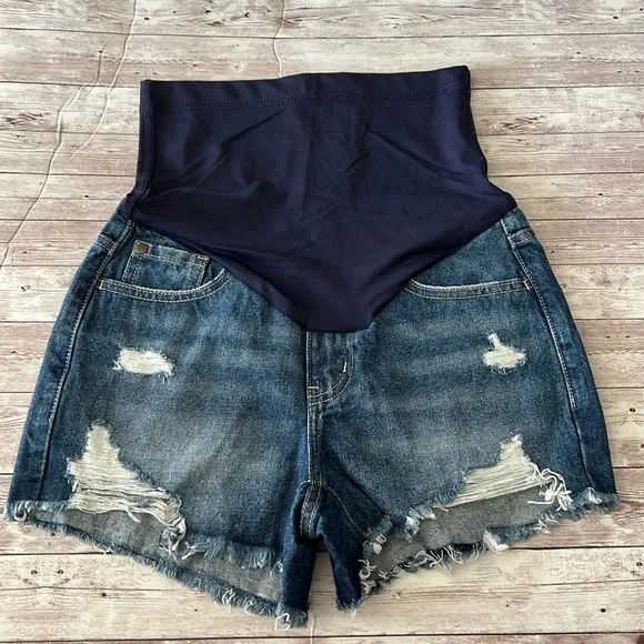 Pinkblush Dark Wash Heavily Distressed Raw Hem Full Panel Maternity Jean Shorts
