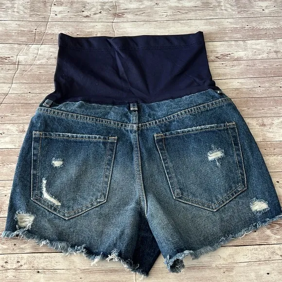 Pinkblush Dark Wash Heavily Distressed Raw Hem Full Panel Maternity Jean Shorts