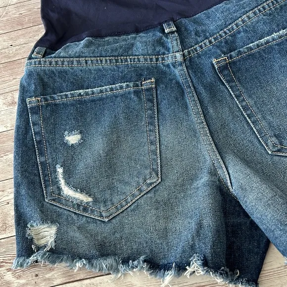 Pinkblush Dark Wash Heavily Distressed Raw Hem Full Panel Maternity Jean Shorts