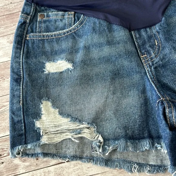 Pinkblush Dark Wash Heavily Distressed Raw Hem Full Panel Maternity Jean Shorts
