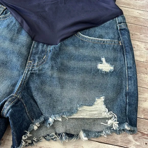 Pinkblush Dark Wash Heavily Distressed Raw Hem Full Panel Maternity Jean Shorts