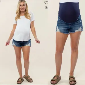 Pinkblush Dark Wash Heavily Distressed Raw Hem Full Panel Maternity Jean Shorts