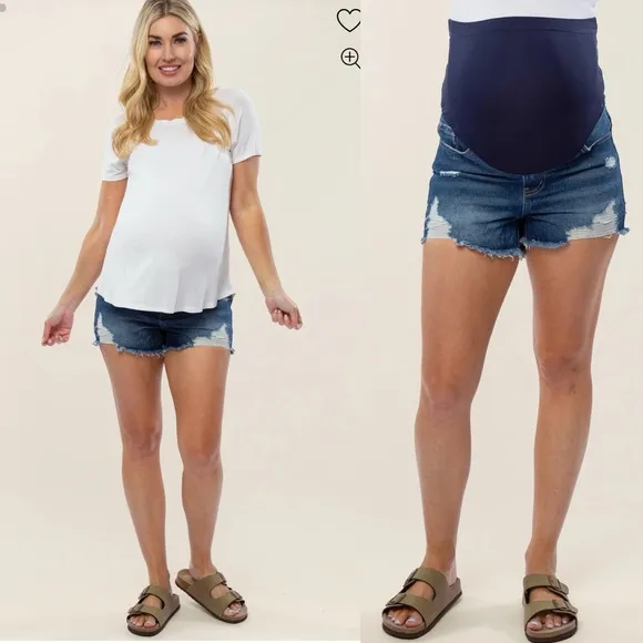 Pinkblush Dark Wash Heavily Distressed Raw Hem Full Panel Maternity Jean Shorts