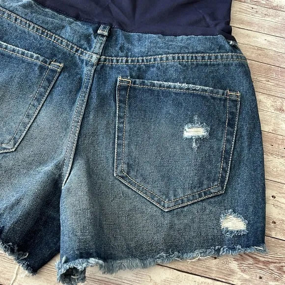 Pinkblush Dark Wash Heavily Distressed Raw Hem Full Panel Maternity Jean Shorts