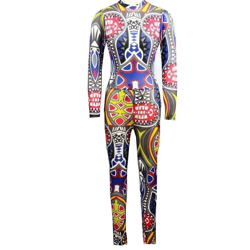 Plus Size Tribal Tattoo Printing Mesh Long Sleeve Bodysuit Celebrity Catsuit Playsuit