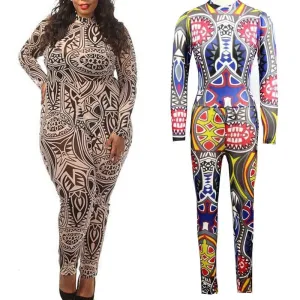 Plus Size Tribal Tattoo Printing Mesh Long Sleeve Bodysuit Celebrity Catsuit Playsuit