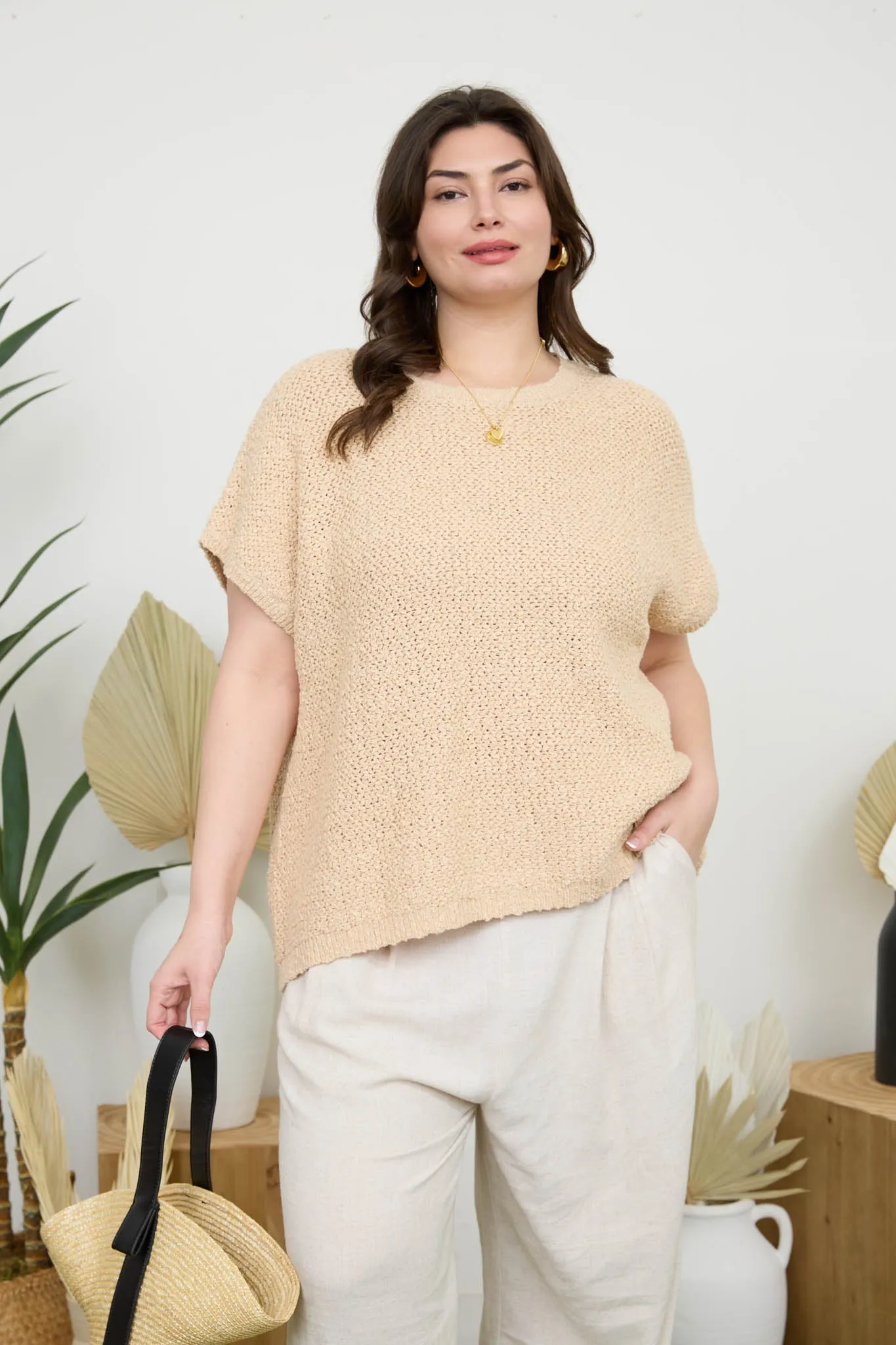 PLUS TEXTURED KNIT CREW NECK SHORT SLEEVE PULLOVER