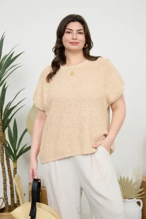 PLUS TEXTURED KNIT CREW NECK SHORT SLEEVE PULLOVER