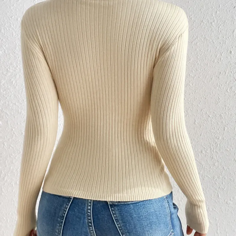 Poised Wrap V-Neck Ribbed Knit Long Sleeve Sweater