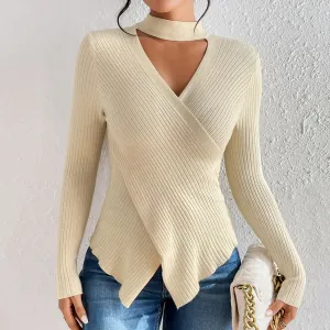 Poised Wrap V-Neck Ribbed Knit Long Sleeve Sweater