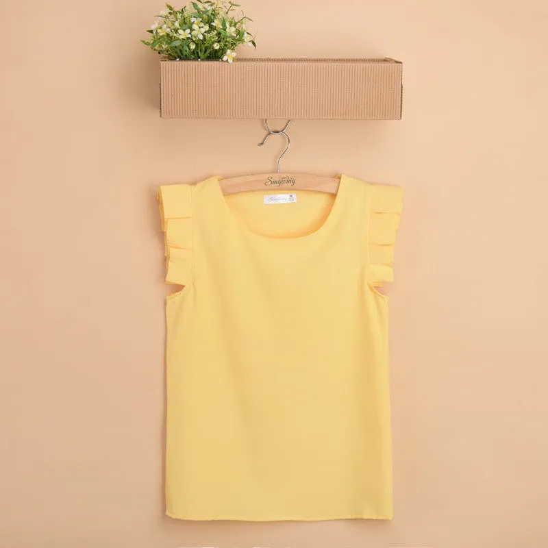 Pure Color Butterfly Sleeve Women Blouse O-neck Fashion Elegant Leisure Shirt Chiffon Blouses