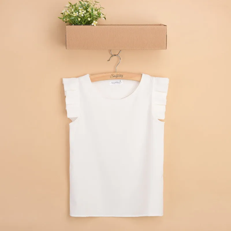 Pure Color Butterfly Sleeve Women Blouse O-neck Fashion Elegant Leisure Shirt Chiffon Blouses