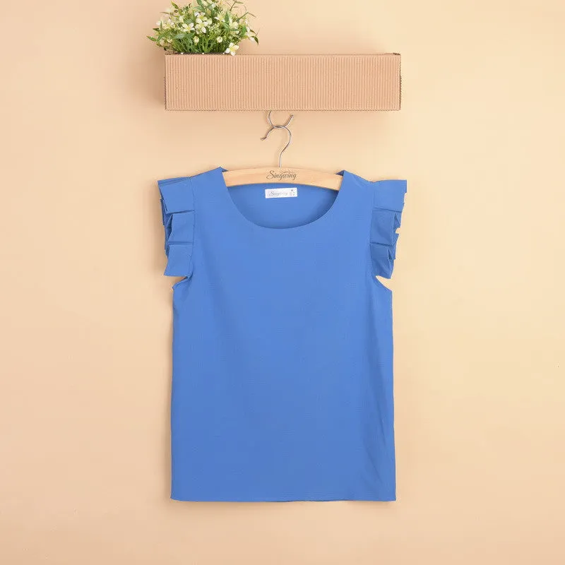 Pure Color Butterfly Sleeve Women Blouse O-neck Fashion Elegant Leisure Shirt Chiffon Blouses
