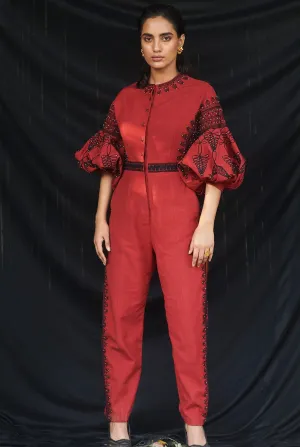 Red Kala Cotton Cord Work Jumpsuit