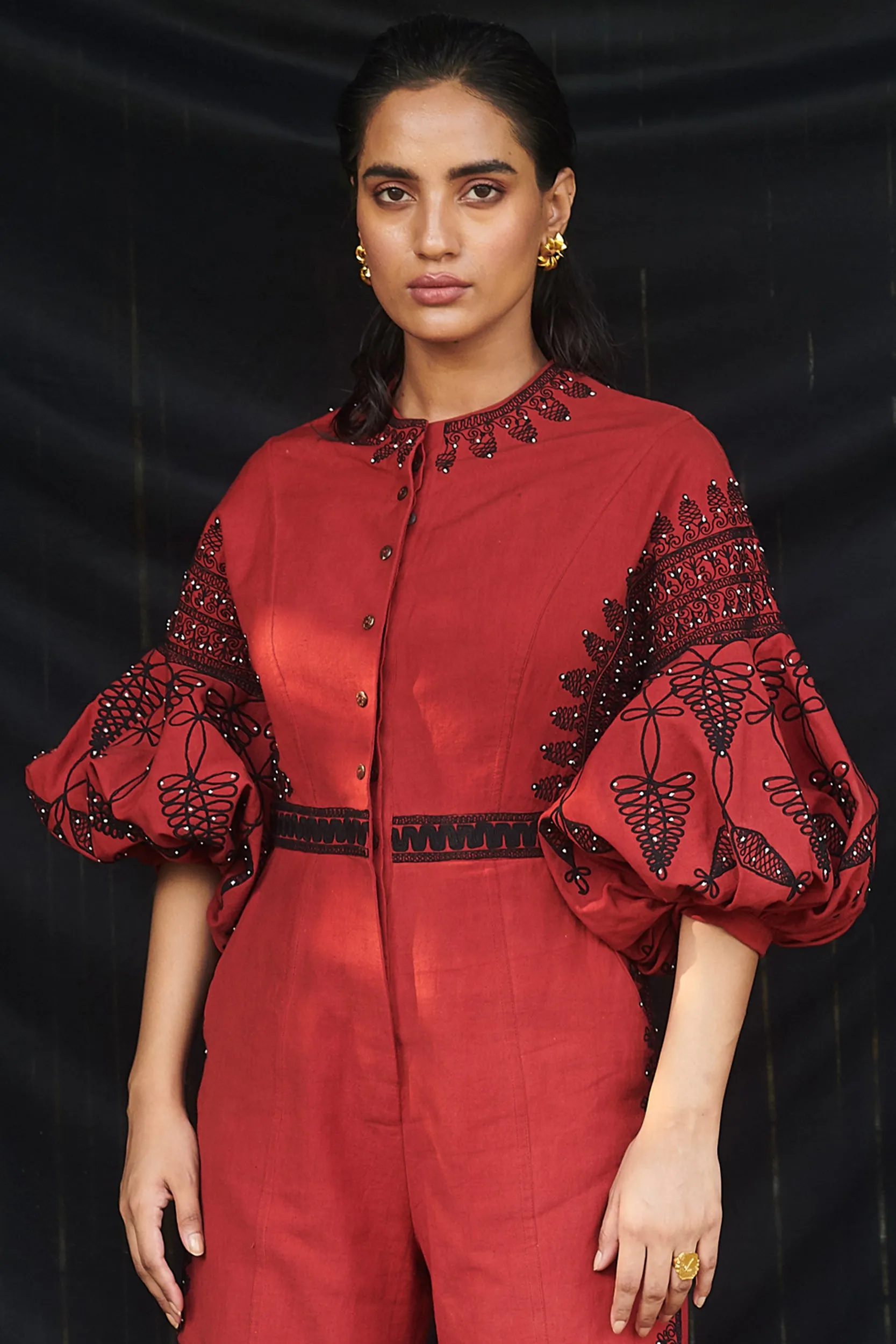 Red Kala Cotton Cord Work Jumpsuit