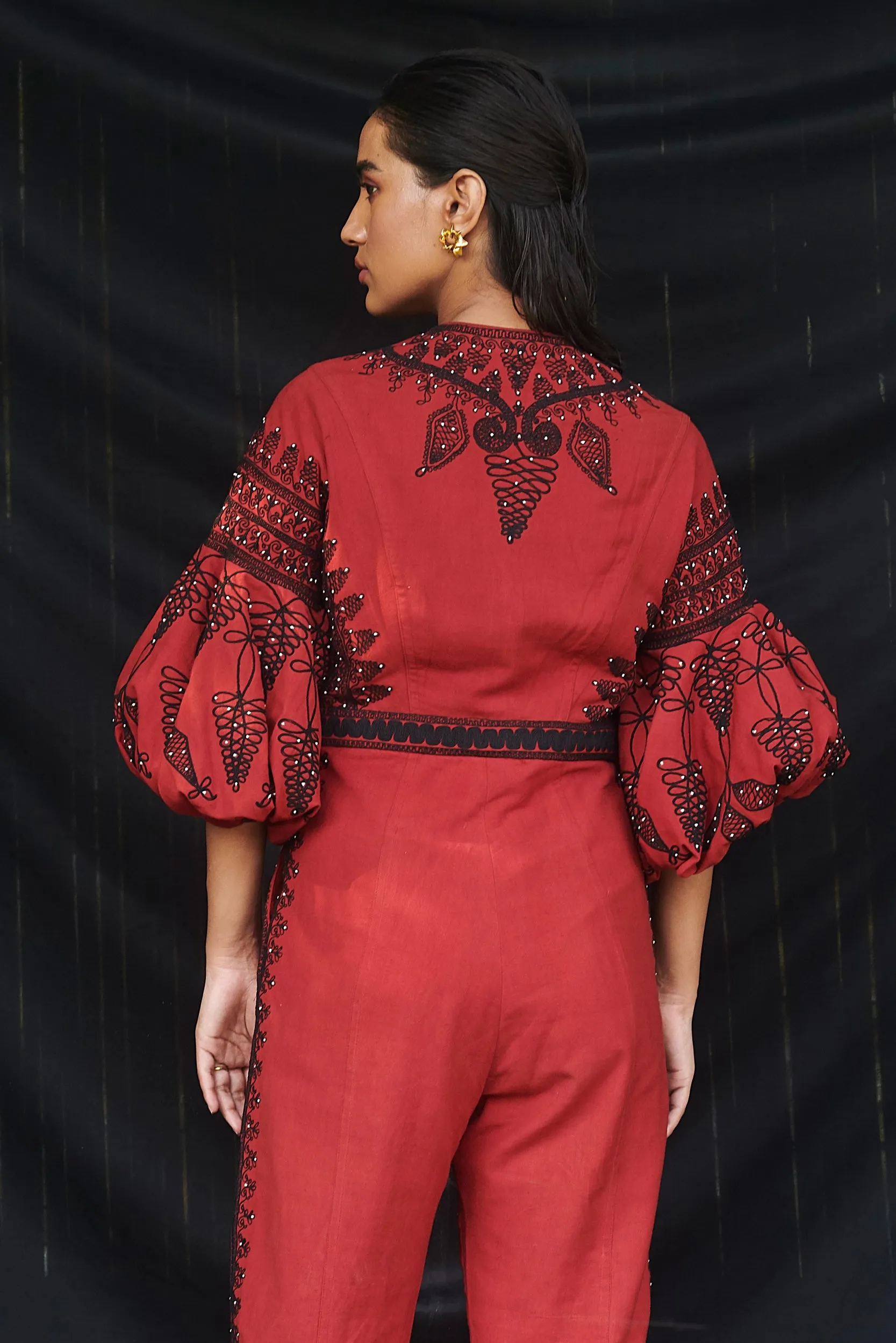 Red Kala Cotton Cord Work Jumpsuit