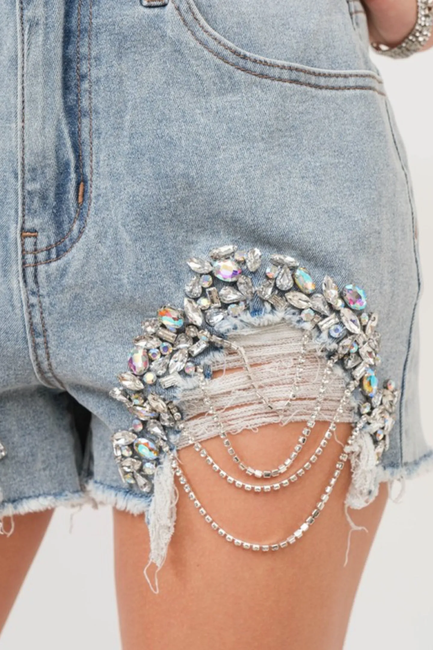 RHINESTONE RIPPED DENIM SHORTS