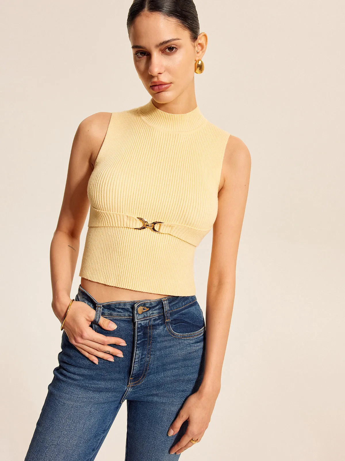 Ribbed Mock-Neck Top With Waist Chain Detail