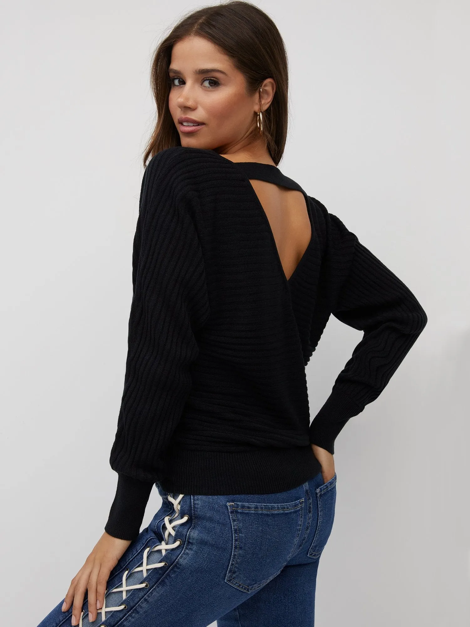 Ribbed Wrap-Back Dolman Sweater