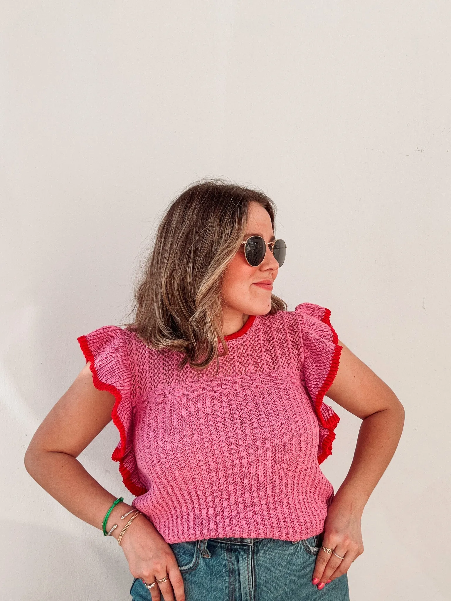 Rose Red Ruffled Contrast Trim Plus Size Short Sleeve Sweater