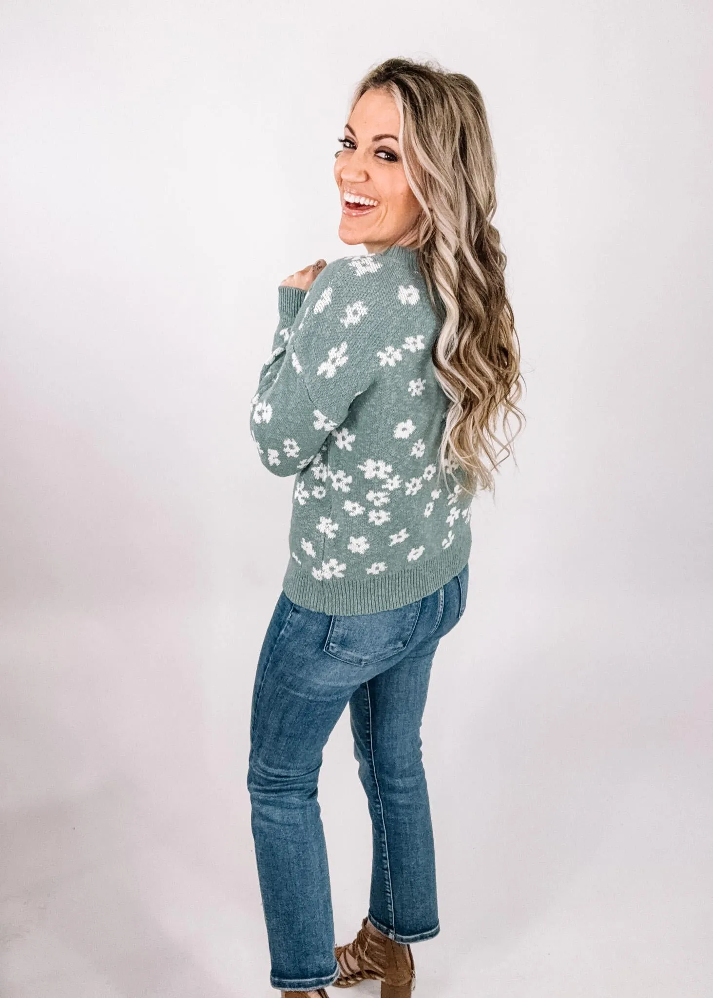Sea Green Relaxed Fit Floral Sweater Top