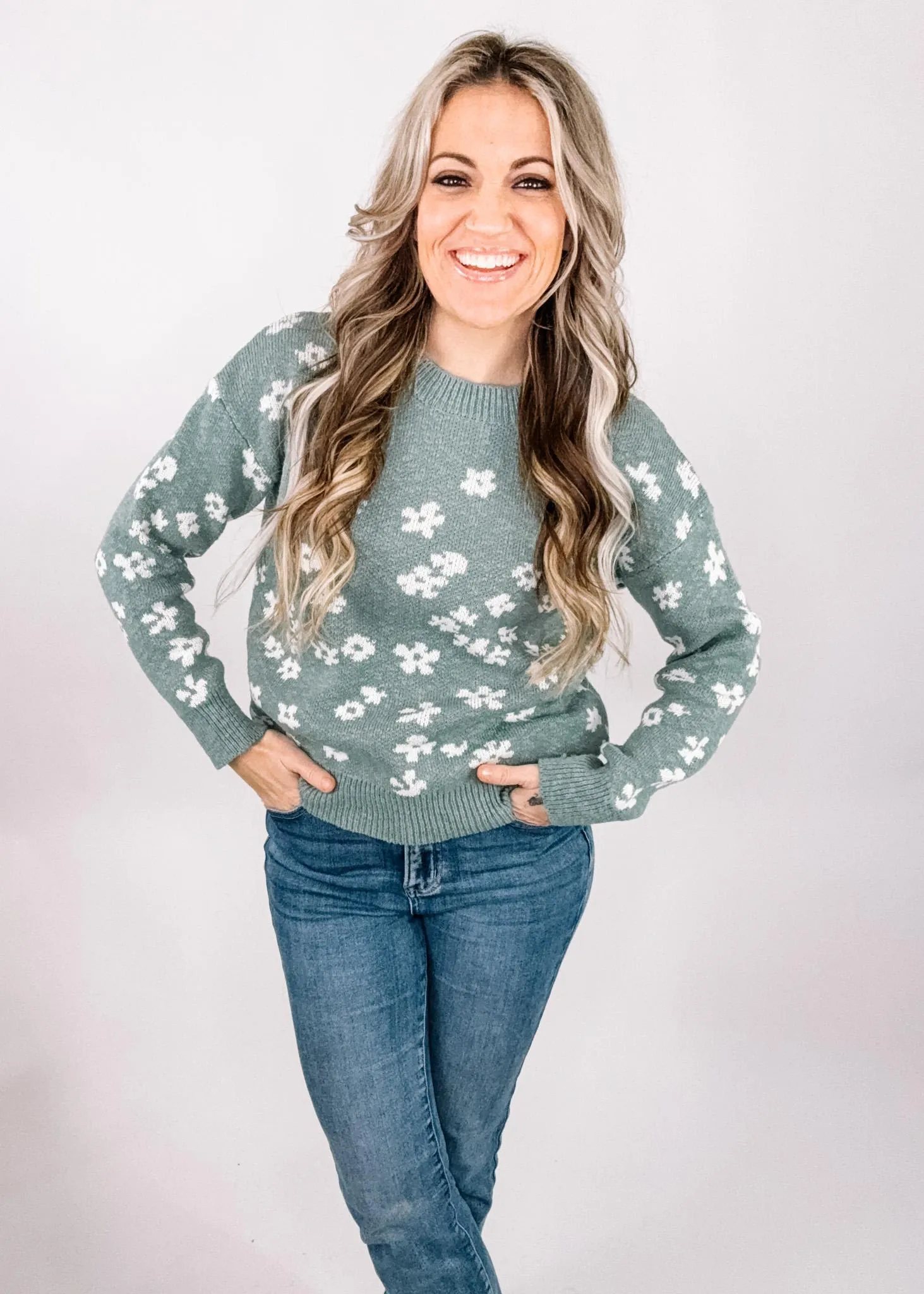 Sea Green Relaxed Fit Floral Sweater Top