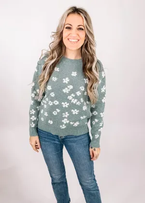 Sea Green Relaxed Fit Floral Sweater Top