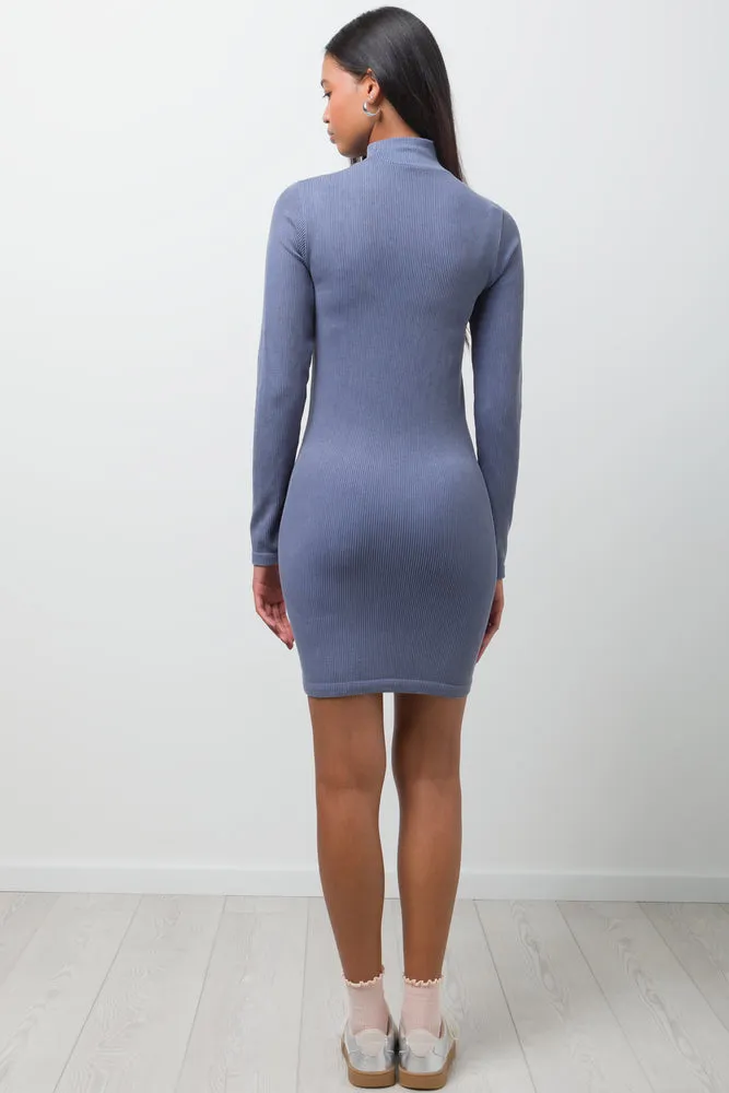 Seamless Long Sleeve Bodycon Dress Blue