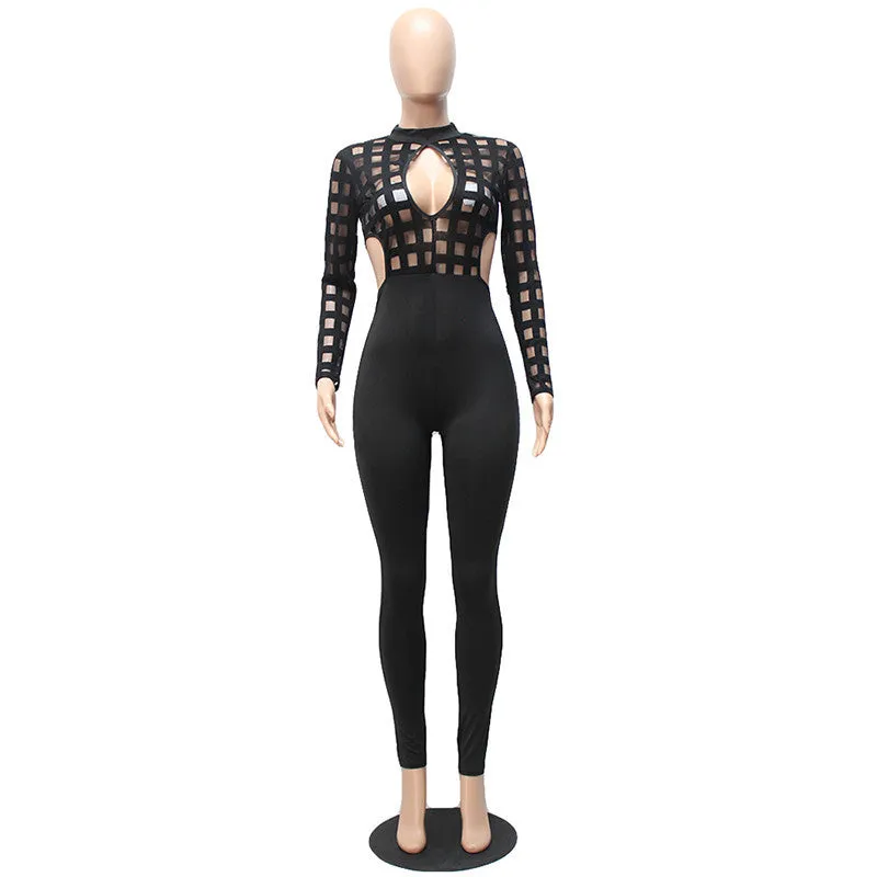 Sheer Mesh Patchwork Keyhole Jumpsuit