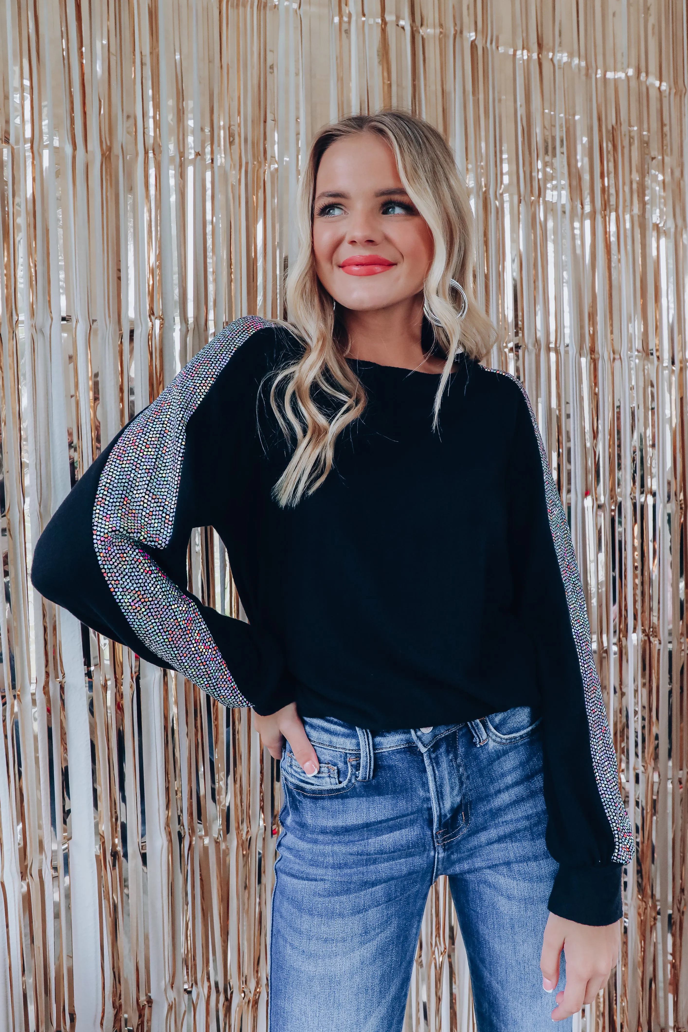 Shimmer Metallic Sequin Sleeve Top - Silver
