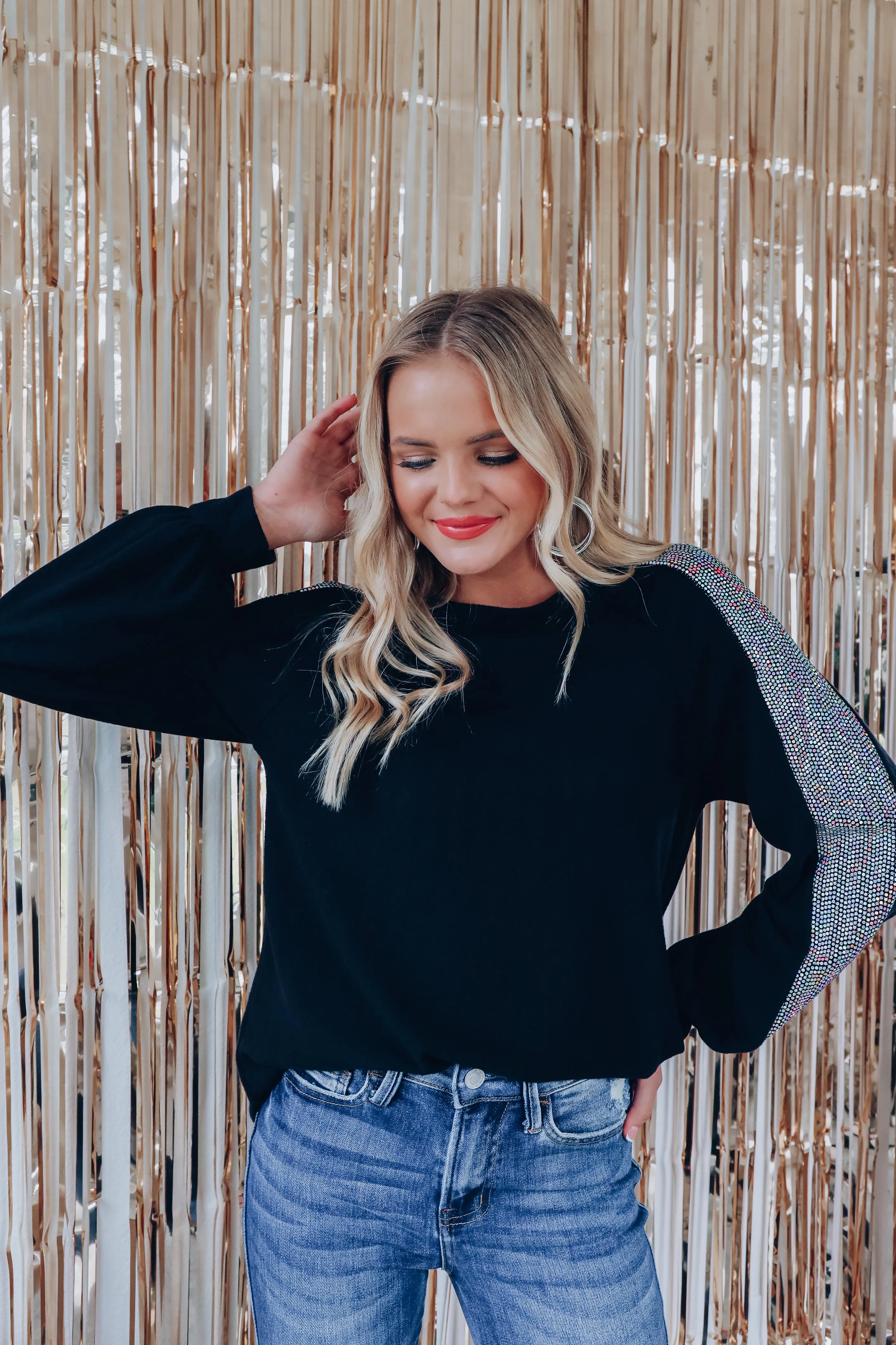 Shimmer Metallic Sequin Sleeve Top - Silver