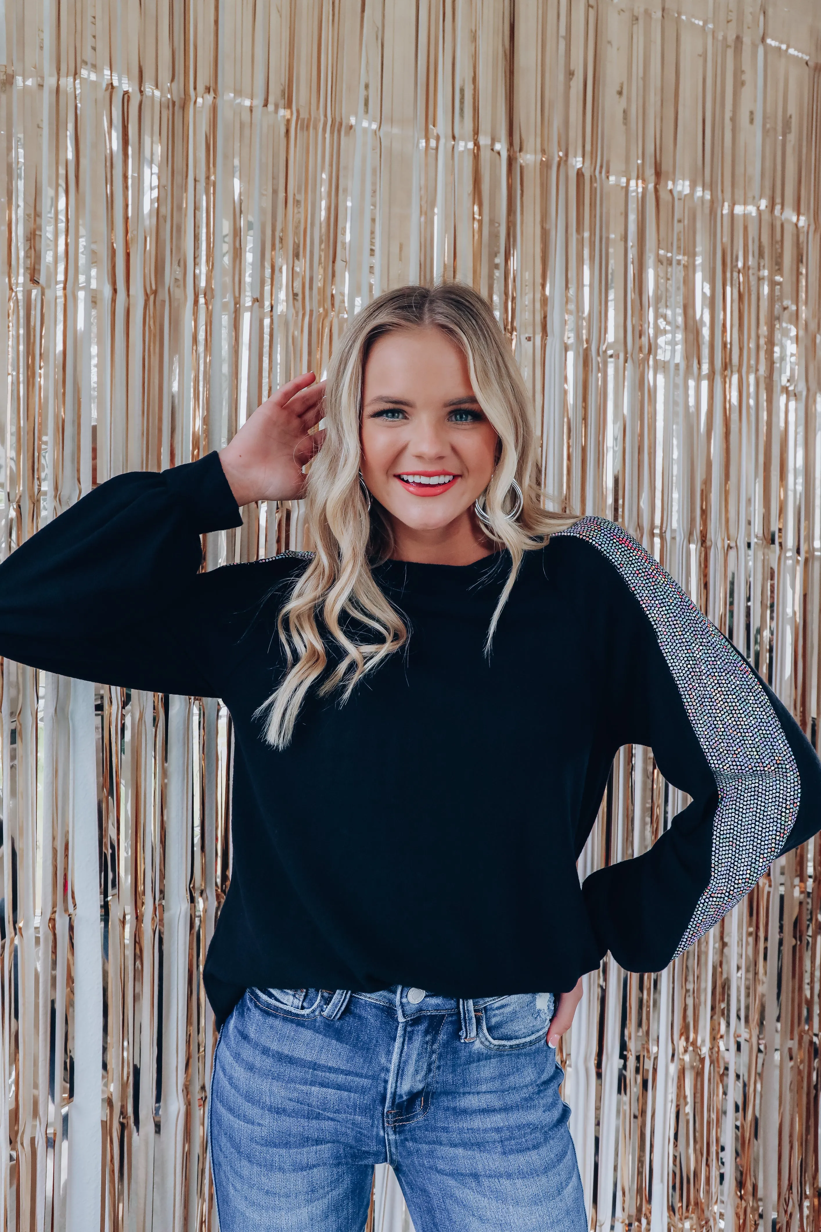 Shimmer Metallic Sequin Sleeve Top - Silver