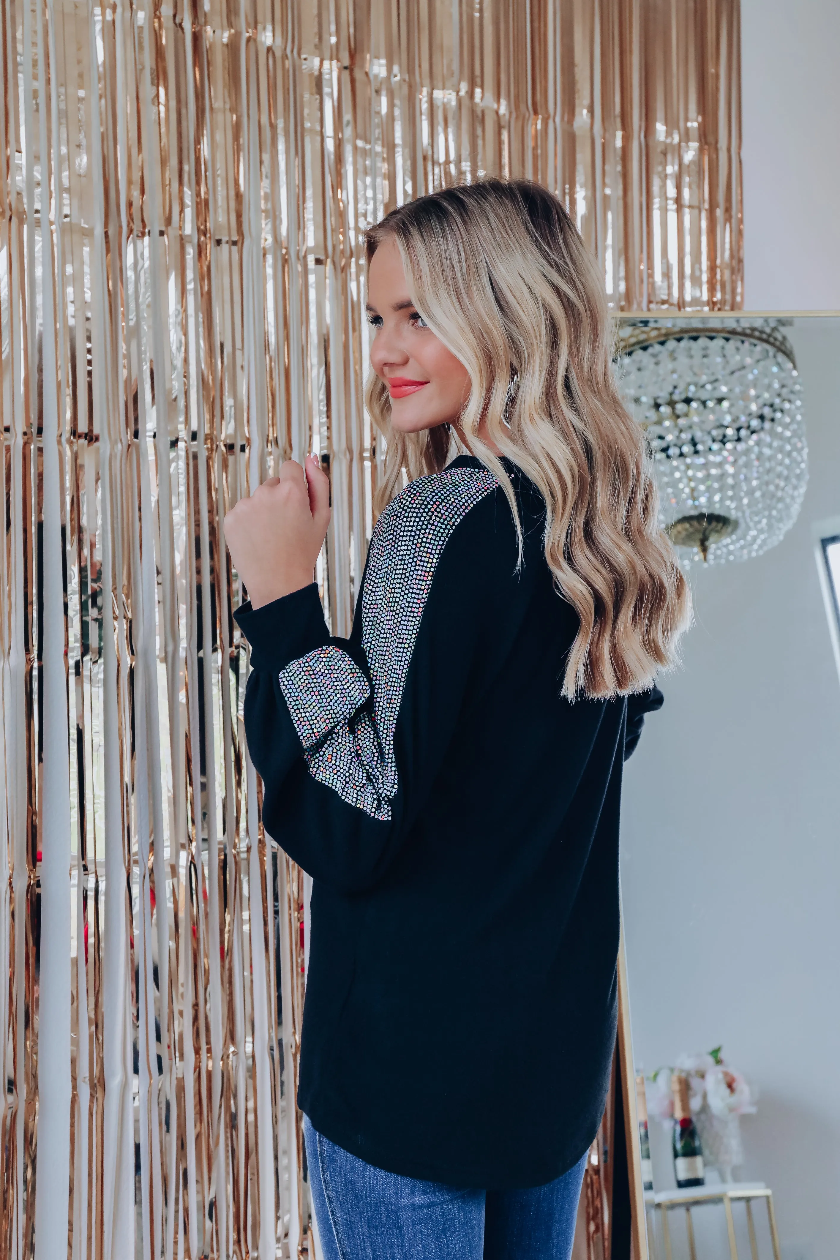 Shimmer Metallic Sequin Sleeve Top - Silver