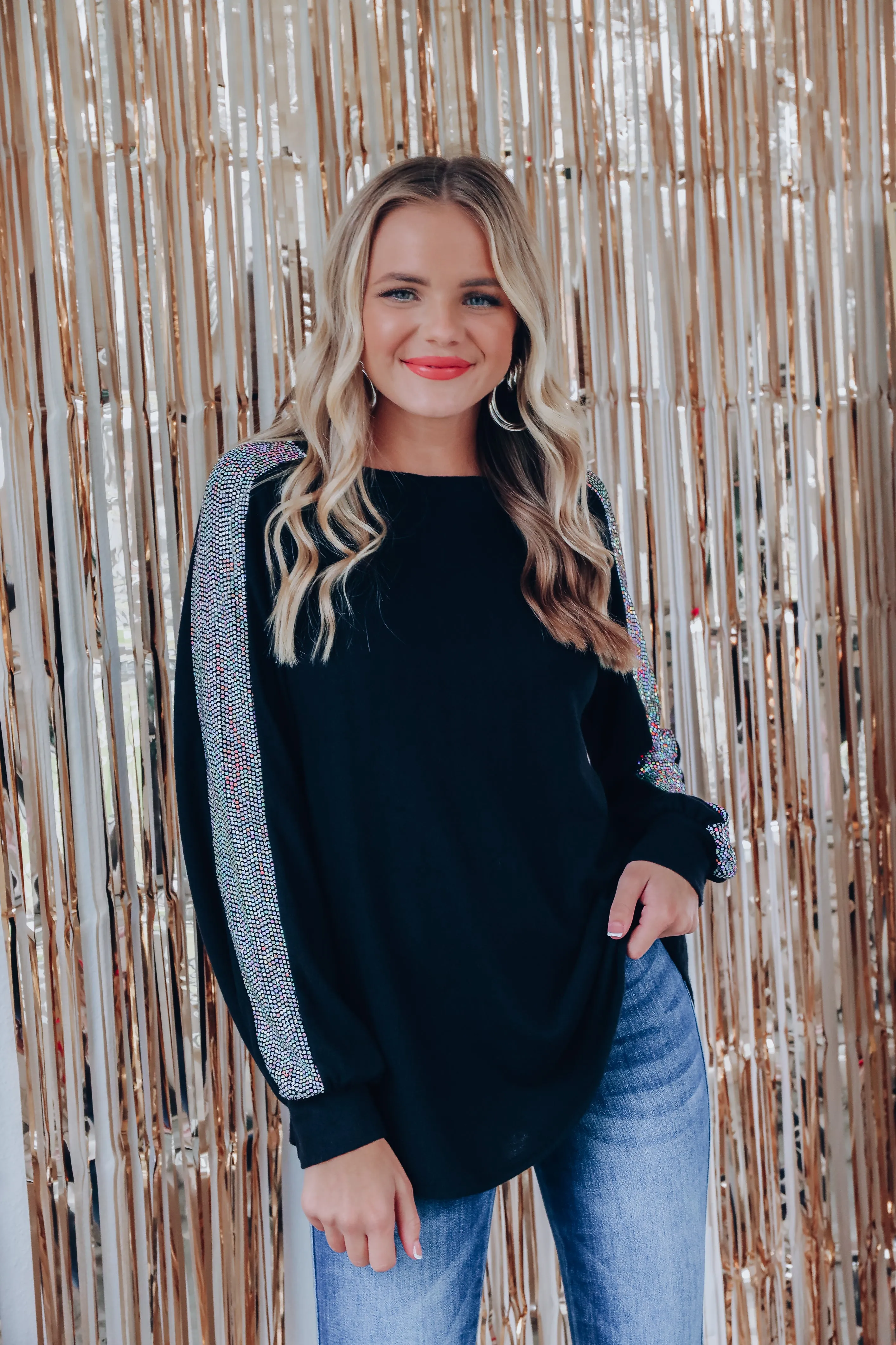 Shimmer Metallic Sequin Sleeve Top - Silver