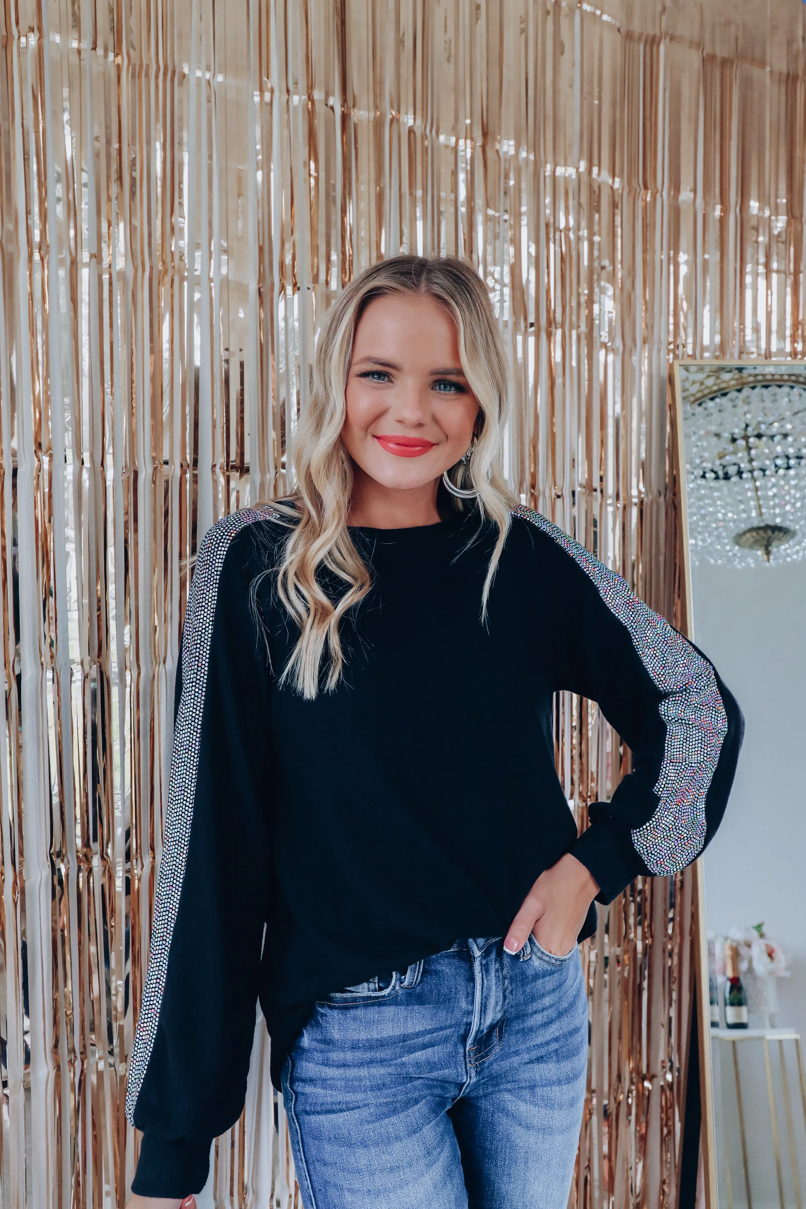 Shimmer Metallic Sequin Sleeve Top - Silver