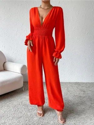 Size Medium Red/Orange Smocked Long Sleeve Jumpsuit