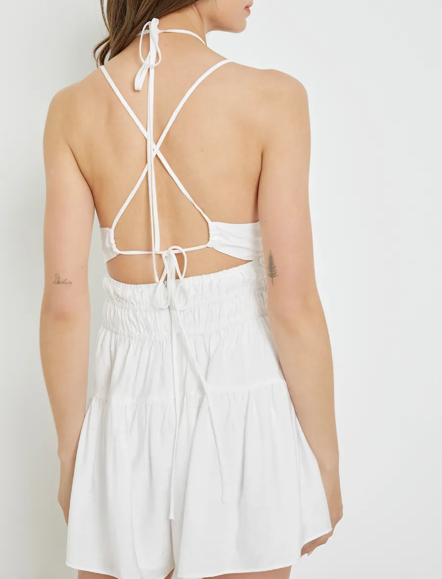 Sleeveless Shirred Drawstring Back Romper