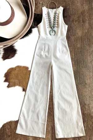 Soft Comfortable Sleeveless Flare Style Leg Denim Jumpsuit