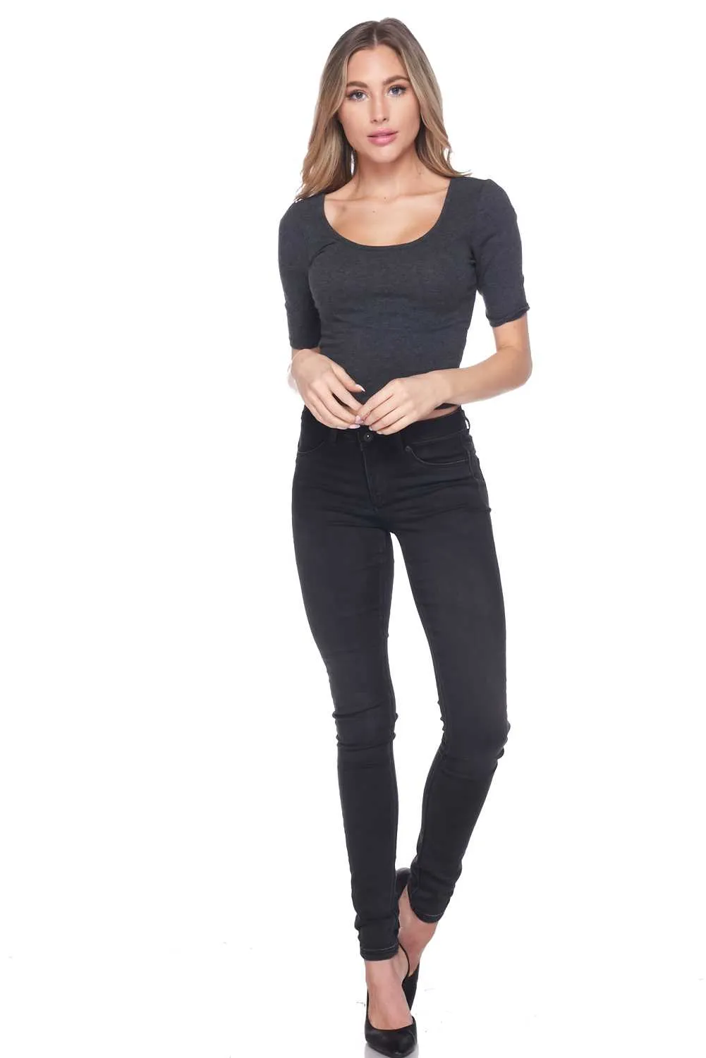 Solid Wide Round Neck Short Sleeve Cropped Top