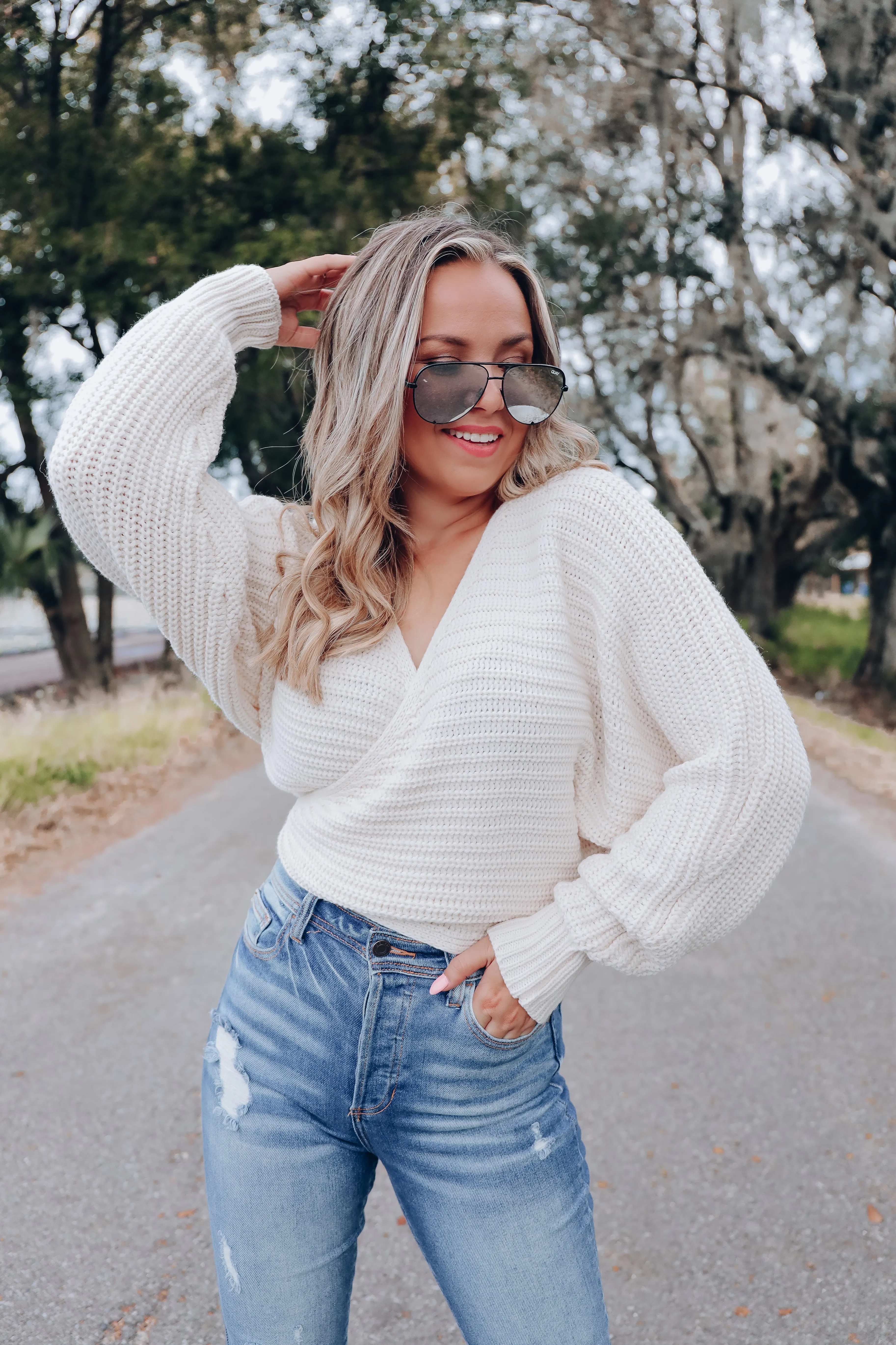 Spencer Surplice Tie Back Knit Sweater - Cream