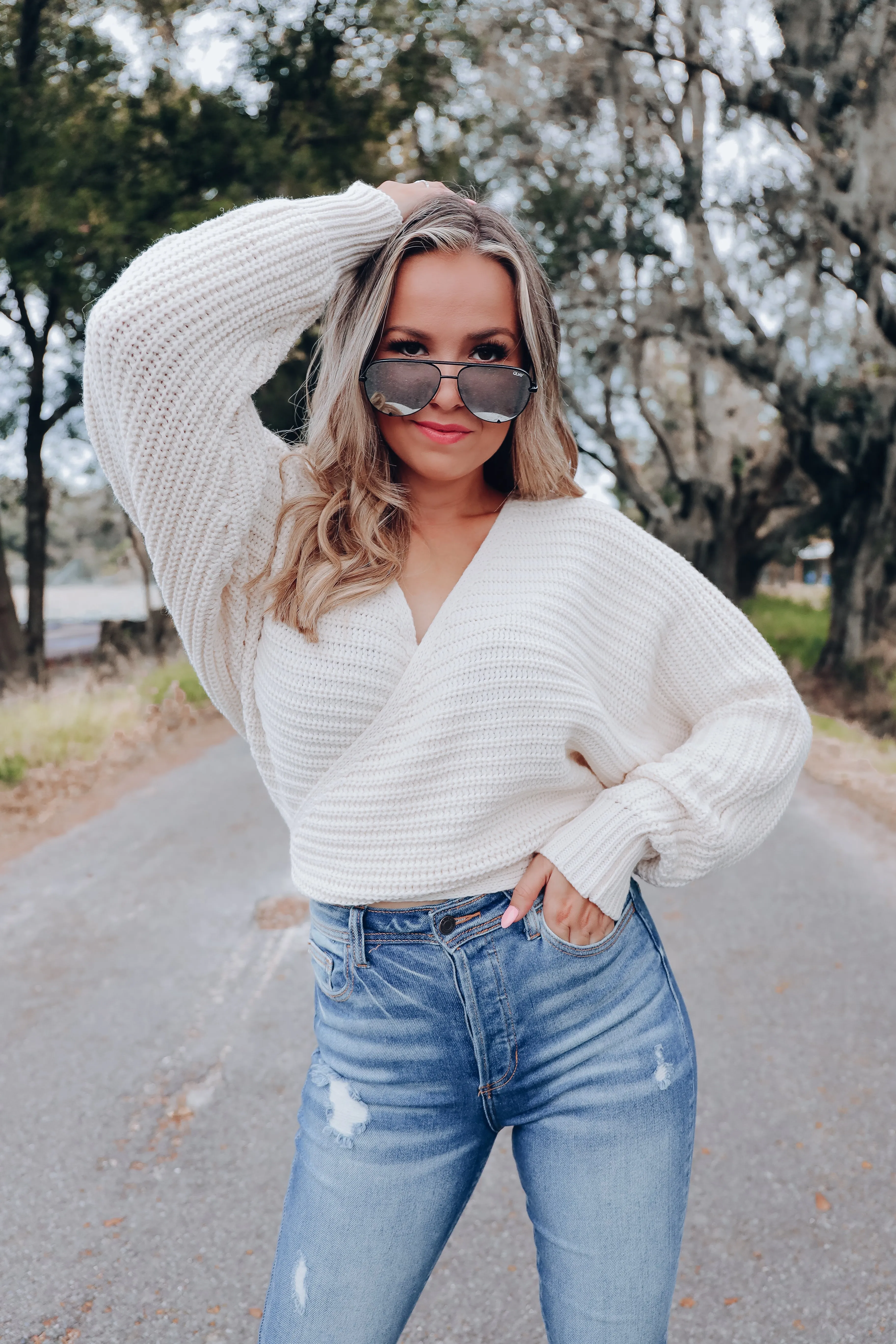 Spencer Surplice Tie Back Knit Sweater - Cream