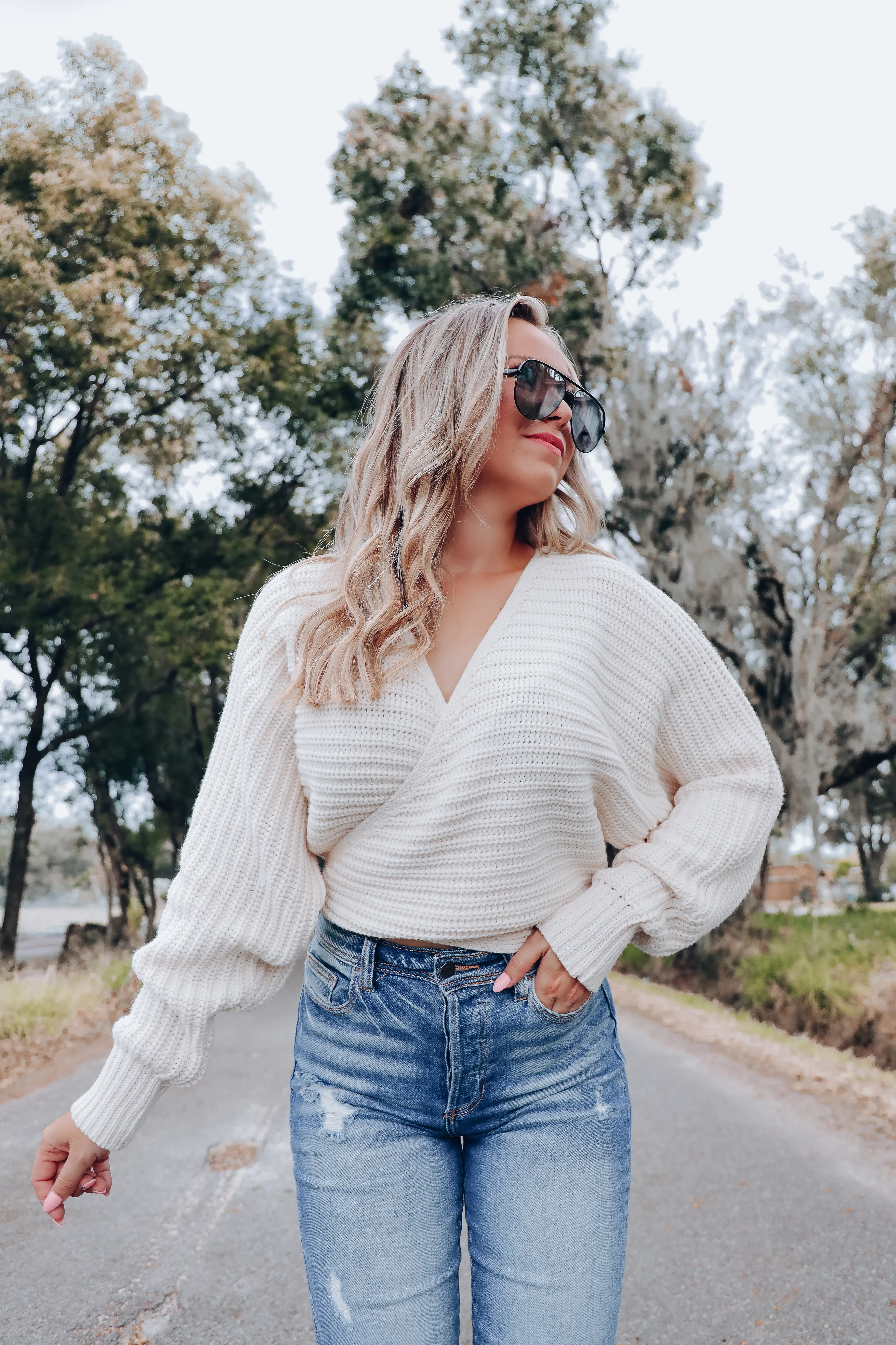 Spencer Surplice Tie Back Knit Sweater - Cream