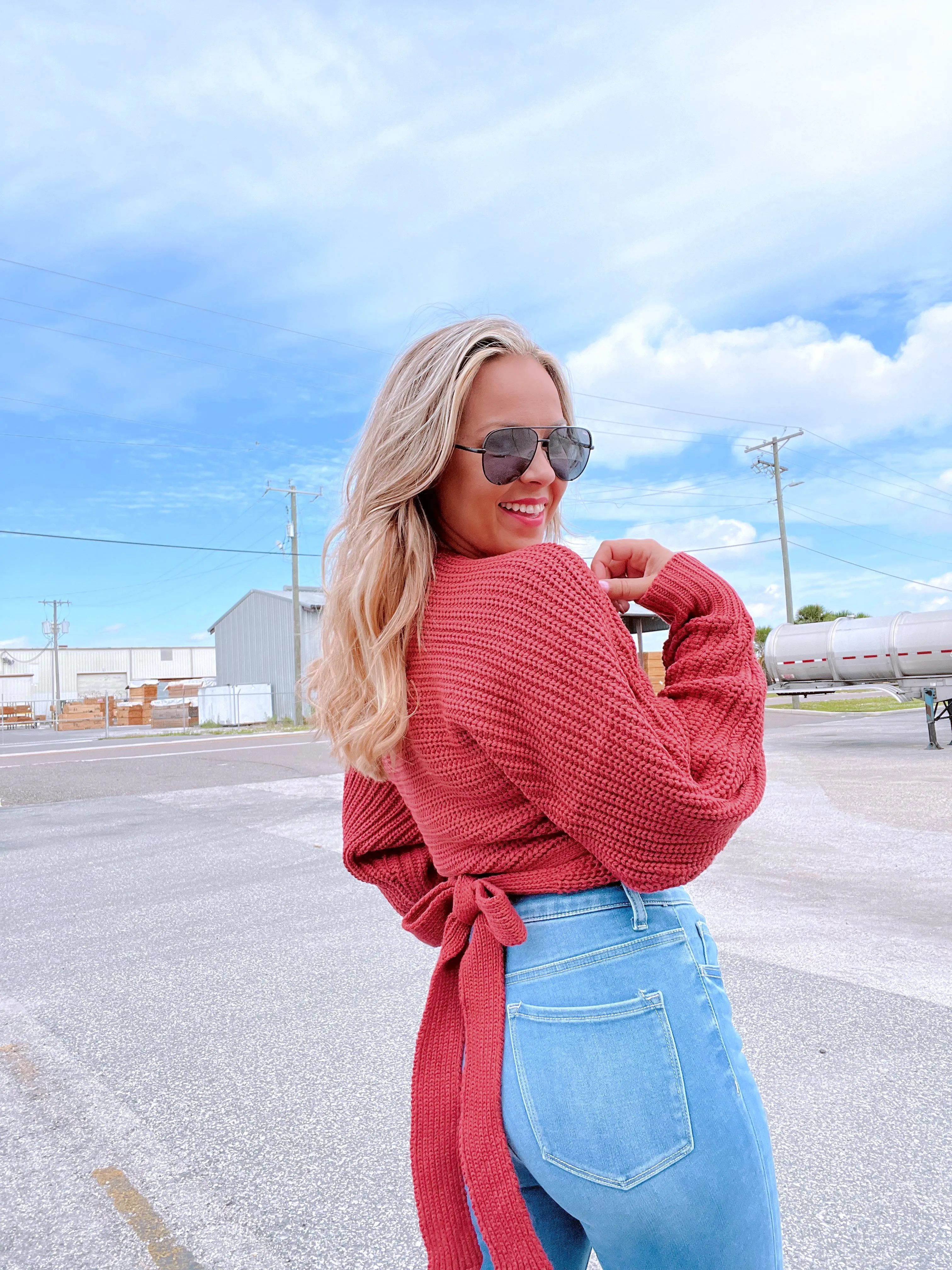 Spencer Surplice Tie Back Knit Sweater - Terra Cota