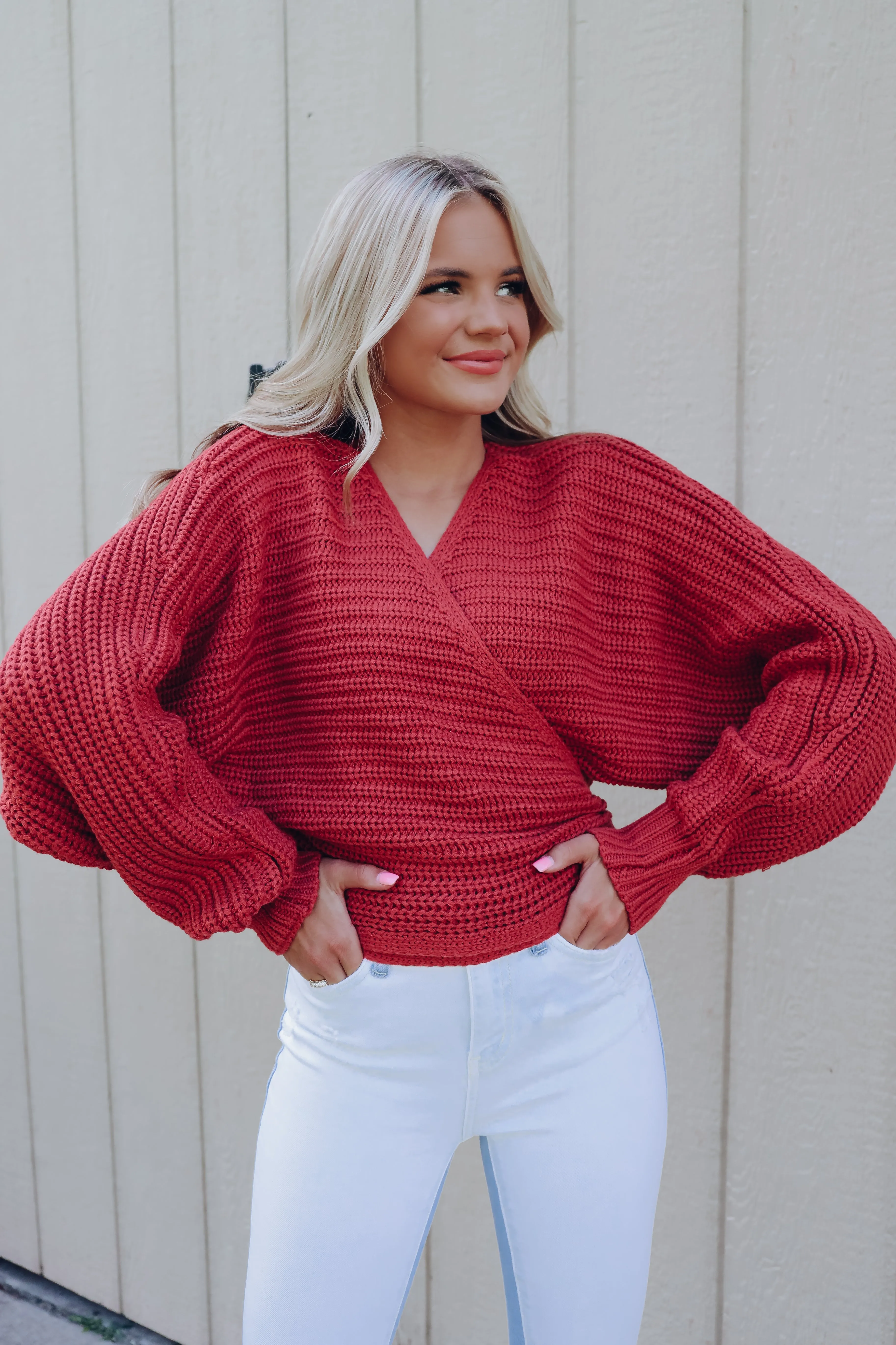 Spencer Surplice Tie Back Knit Sweater - Terra Cota