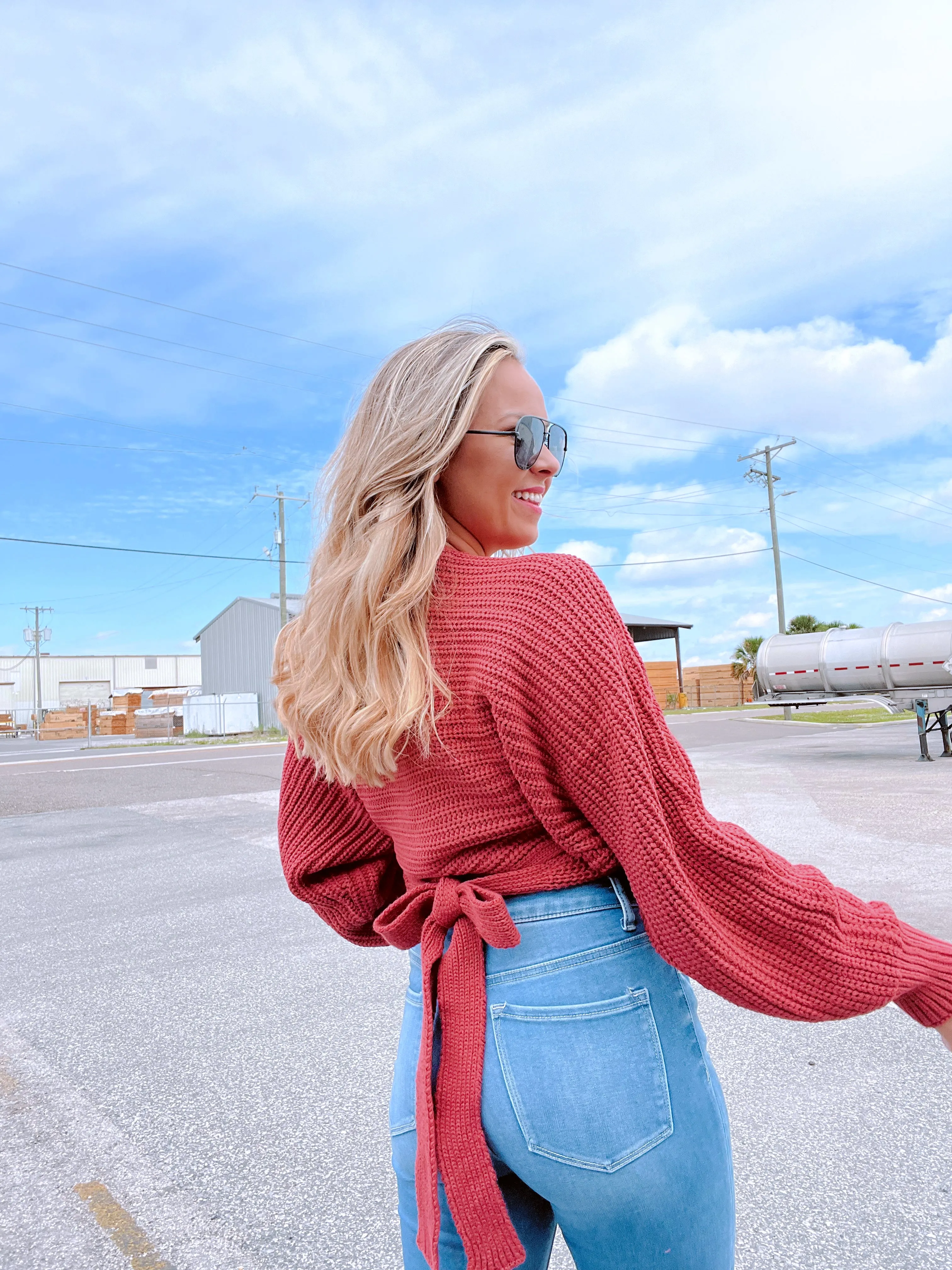 Spencer Surplice Tie Back Knit Sweater - Terra Cota