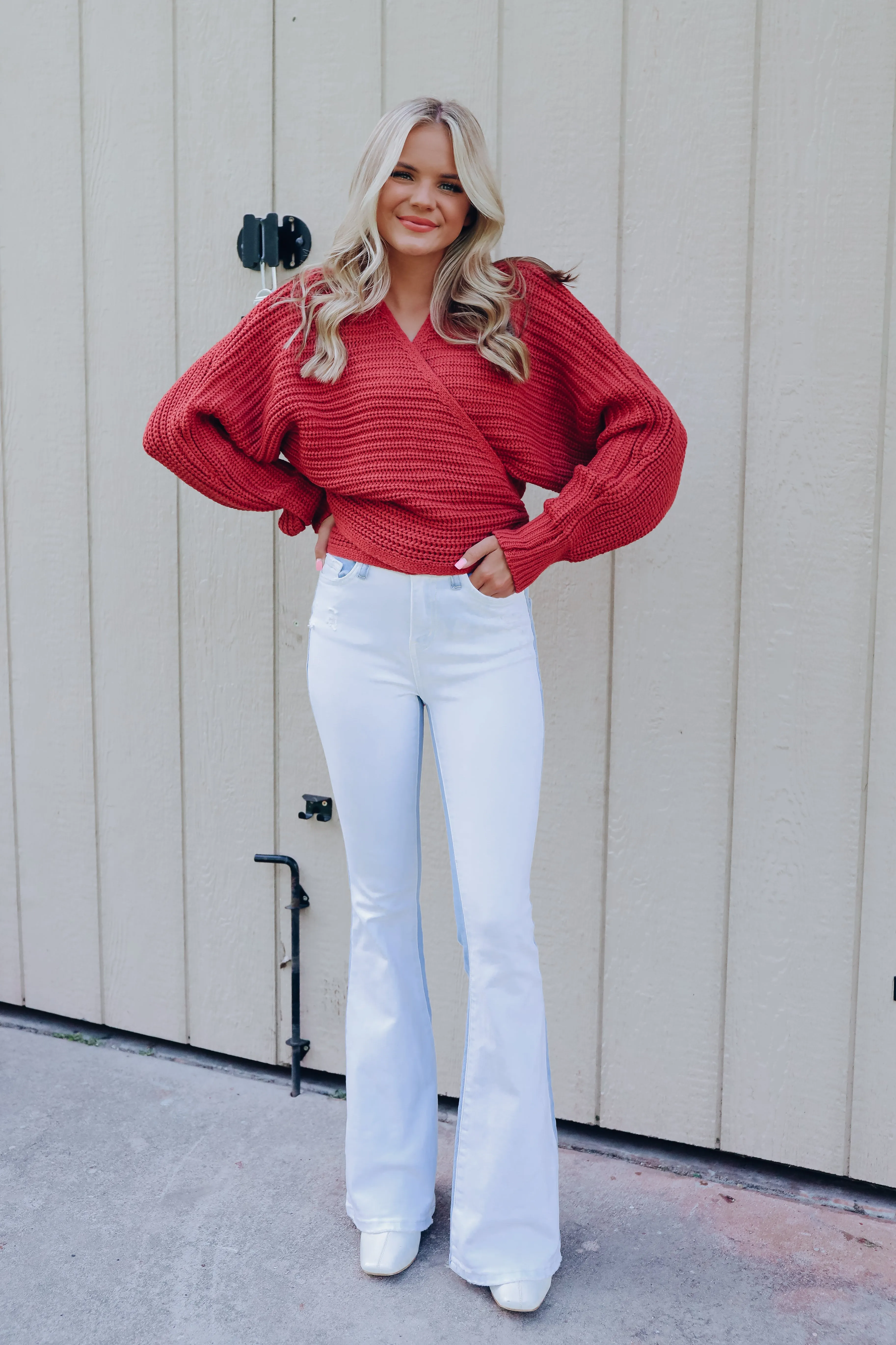 Spencer Surplice Tie Back Knit Sweater - Terra Cota