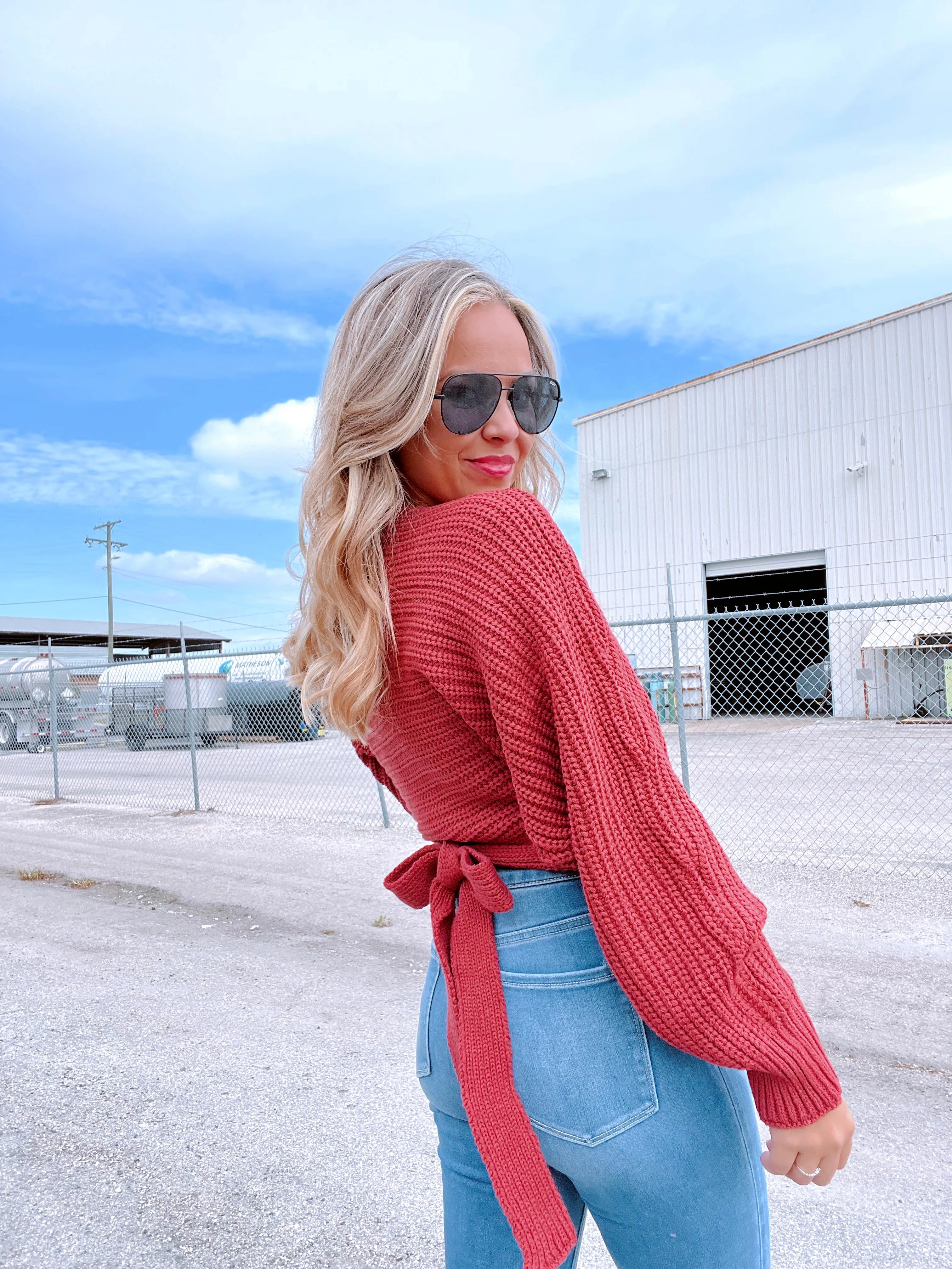 Spencer Surplice Tie Back Knit Sweater - Terra Cota